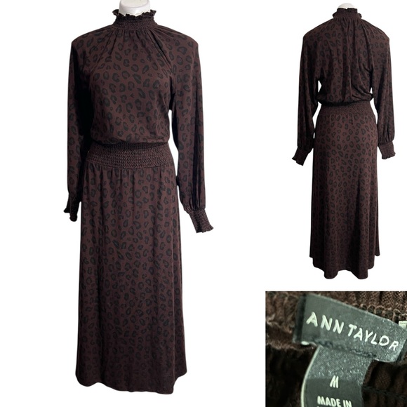 Ann Taylor Dresses & Skirts - Ann Taylor Dress Sz Med Brown Animal Print Long Sleeve midi/maxi blouson office